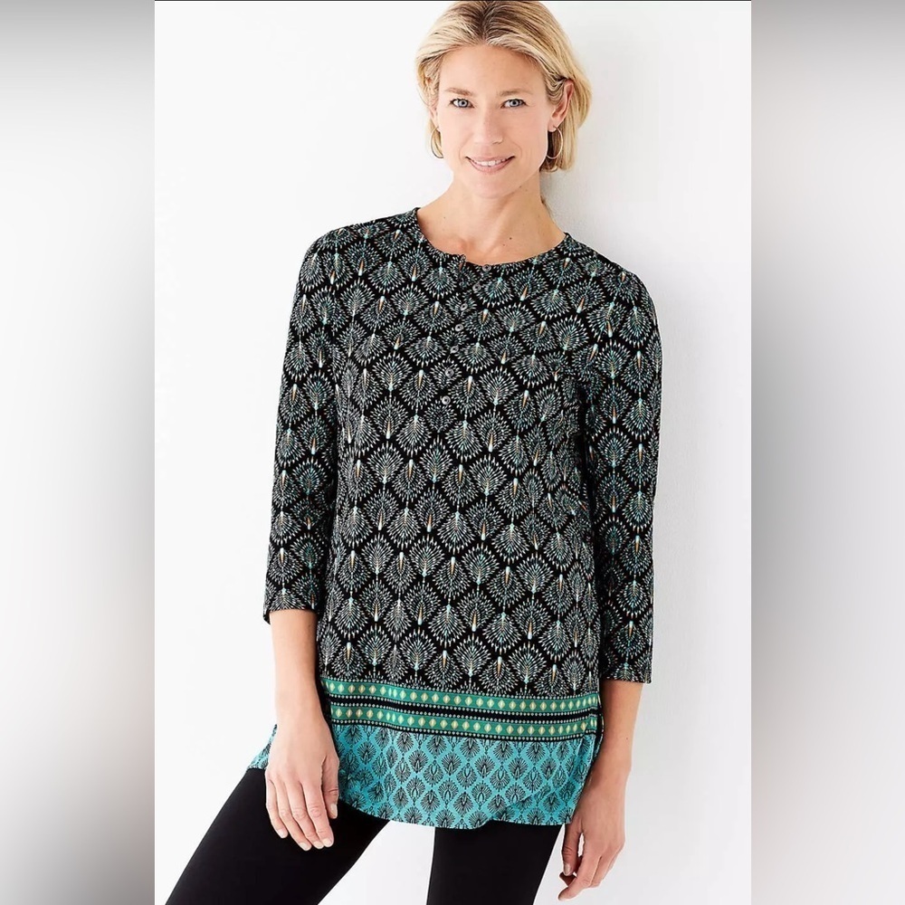 J. Jill 1/2 Button Border Print Knit Rayon Tencel Tunic Top Size Medium Petite